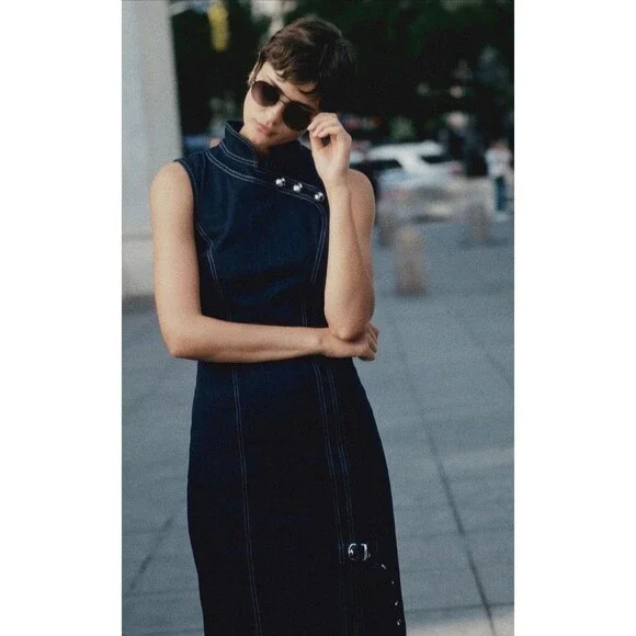 Anthropologie Porridge Midi Dress Women Denim Hardware Preppy Vacay Large NWT - Picture 1 of 12